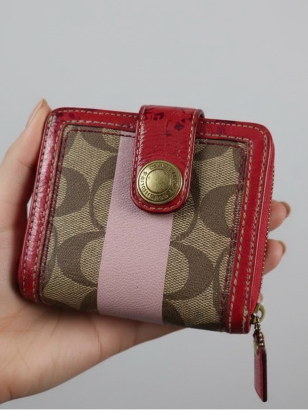 Coach Signature Wallet with Pink Center Stripe and Red Trim